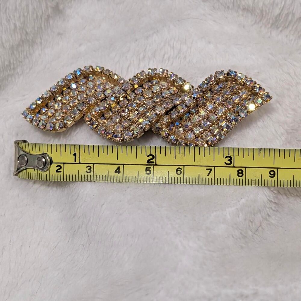 Vintage Gold Aurora Borealis Rhinestone Wave Brooch & Clip-On Earring Set Retro - Picture 6 of 7